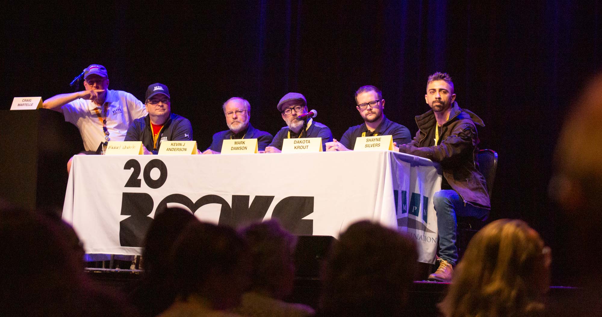 Craig Martelle, Michael Anderle, Kevin J. Anderson, Mark Dawson, Dakota Krout and Shayne Silvers during the final panel at 20Books Vegas.