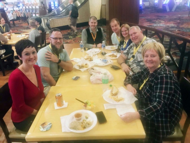 From left, Cheryl Bradshaw, Nick Thacker, Joe Solari, Mark & Jeri Whiting, James Rosone and Diane Capri during lunch at 20Books Vegas.