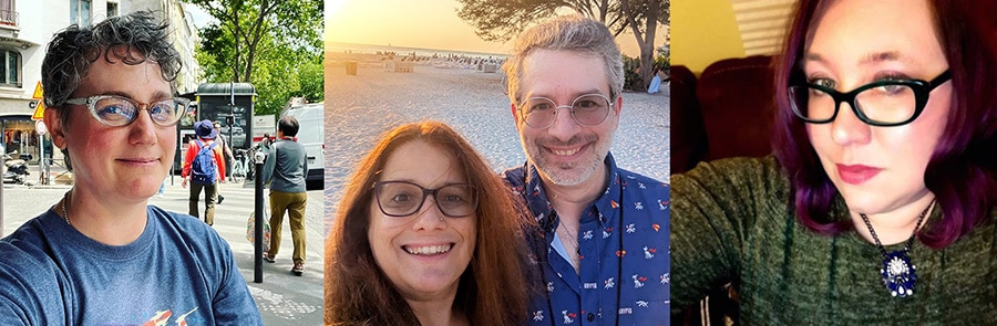 From left, S.J. Pajonas in Paris; Danica Favorite and Kevin McLaughlin at the NINC conference last week; Kate Seger in her writer's den.